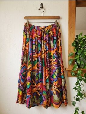 Blue Sky Multi Color Cotton Boho Peasant Skirt Medium Bell Drawstring Cottage